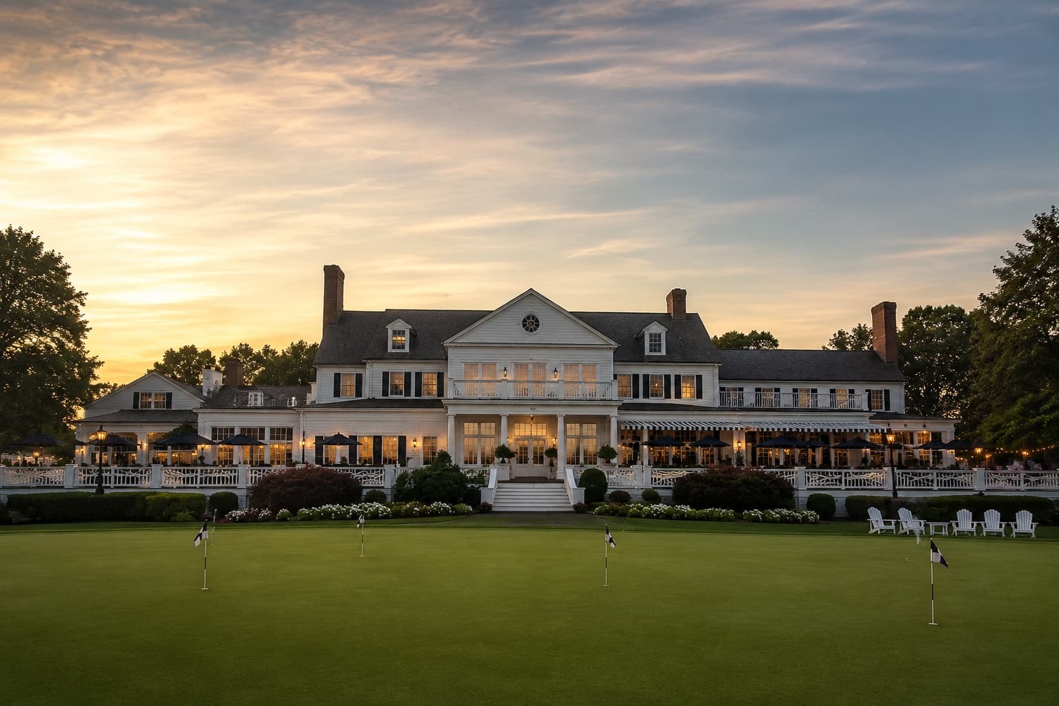 Stately private clubhouse at golden hour — the kind of property The Clubhouse was built for.
