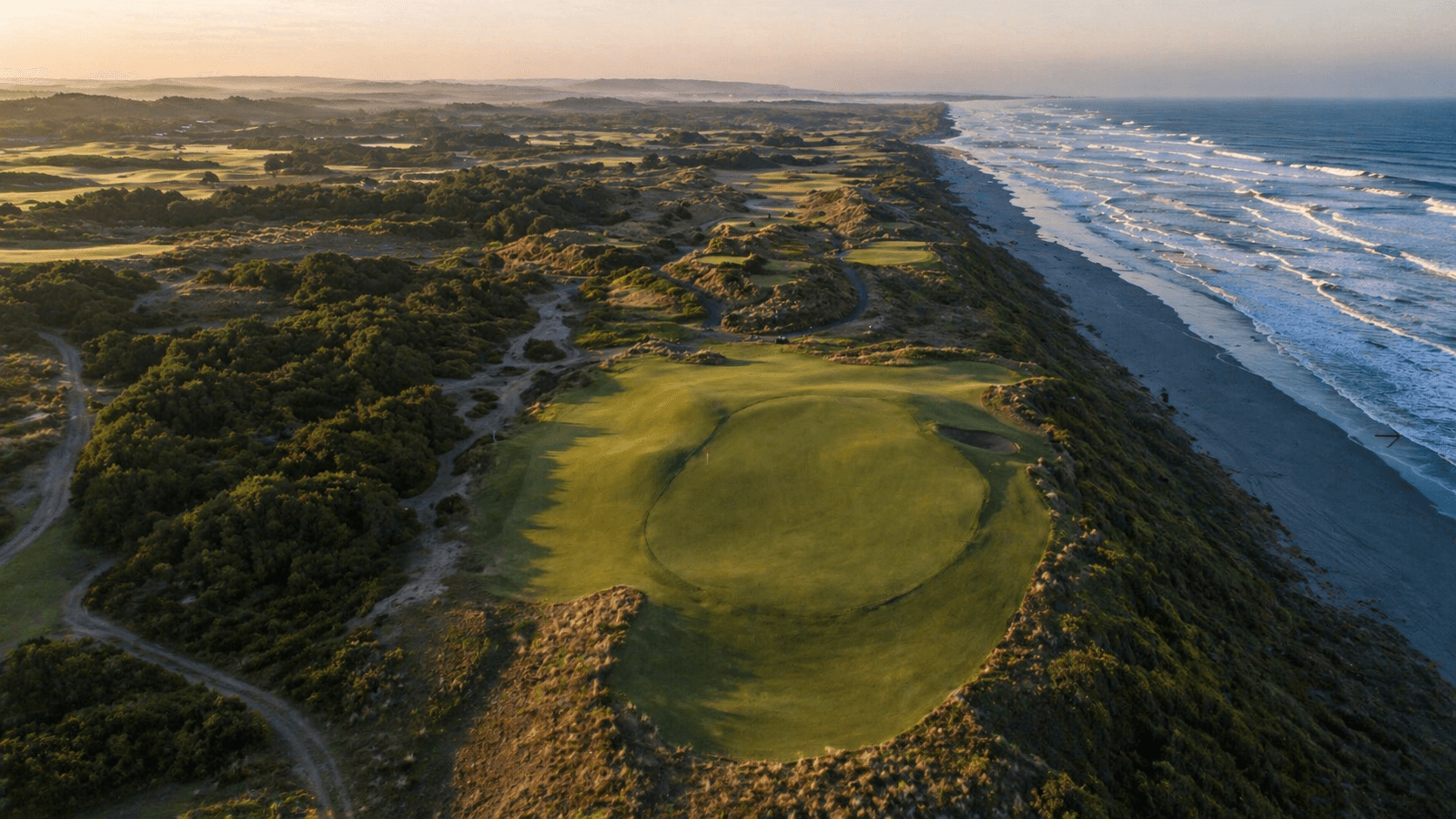 Aerial view of links golf at Bandon Dunes
