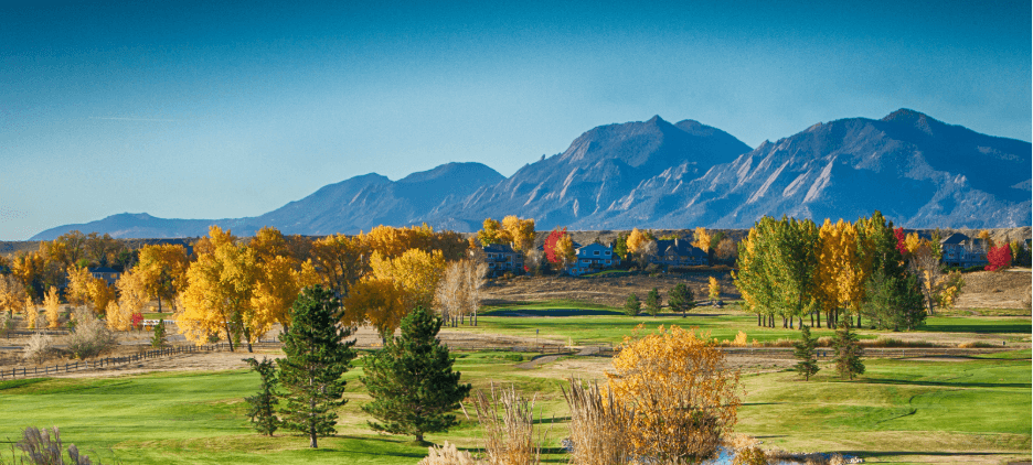 Lake Valley Golf Club fairways with the Flatirons in the distance